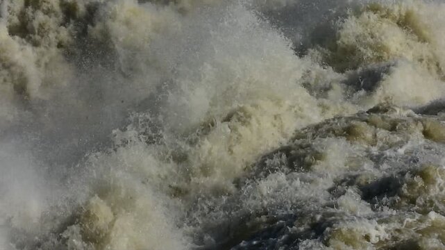 Movement of a large and rapid volume of water during a flood in France.