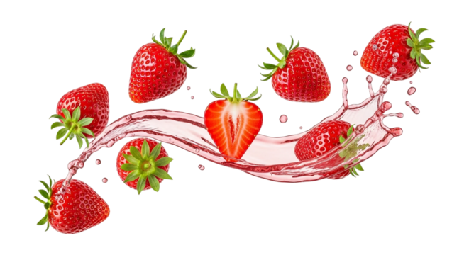 Fresh strawberries with water splash isolated on transparent background, a delicious and healthy fruit for any time of the year