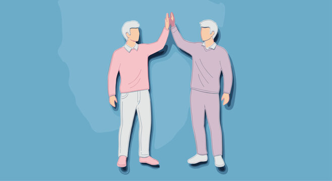 Two men celebrating success with a high five in a vibrant modern style conveying teamwork and achievement, Generative AI.