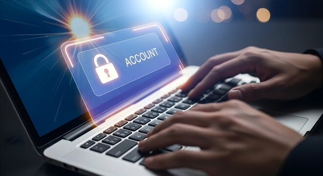 Secure online account access concept depicting a person typing on a laptop with a padlock icon illuminated Cybersecurity and data protection for digital platforms ensures privacy