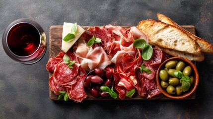 A colorful antipasto platter displays an assortment of sliced meats including ham and salami, paired with olives, cheese, and bread. A glass of red wine adds elegance to the spread