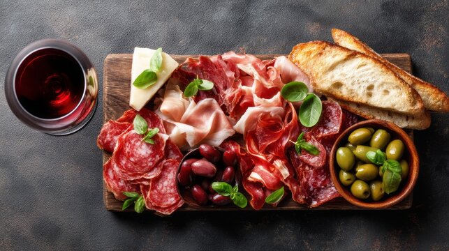 A colorful antipasto platter displays an assortment of sliced meats including ham and salami, paired with olives, cheese, and bread. A glass of red wine adds elegance to the spread