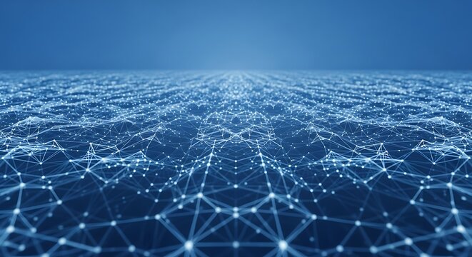 Abstract Blue Digital Network Grid with Glowing Connections. Futuristic Technology Background for Data, AI, and Global Connectivity Concepts.