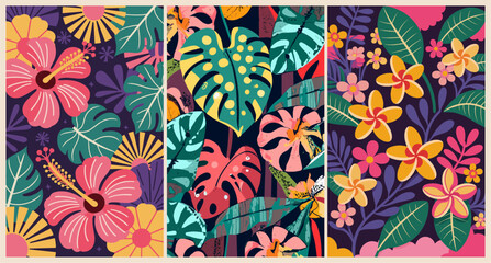 Vibrant tropical floral triptych with pink hibiscus, yellow plumeria, and teal monstera leaves on purple background. Bold modern vector pattern in pink, yellow, teal, and coral tones