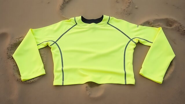 rashguard. Neon surf rashguard laid flat on wet sand, material stretched. lifestyle magazines, social media lookbooks, designed for lifestyle magazines and social media content.