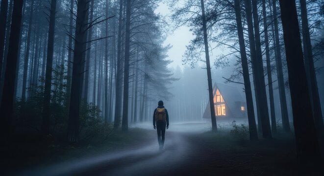 lone traveler with backpack walks on path through dark, foggy forest. cozy -frame cabin with glowing windows offers refuge. journey, solitude concept. banner, website header.