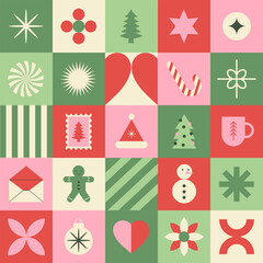 Christmas geometric background. Concept minimal season design. Green, pink, red and beige colors. Vector colorful illustration