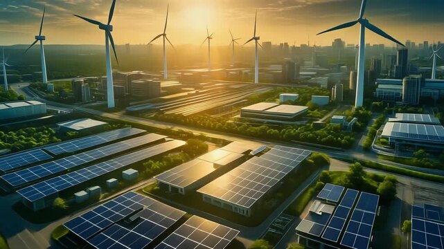 Aerial cinematic sunrise over an eco industrial park with solar rooftops and wind turbines, golden light rays, futuristic green energy cityscape