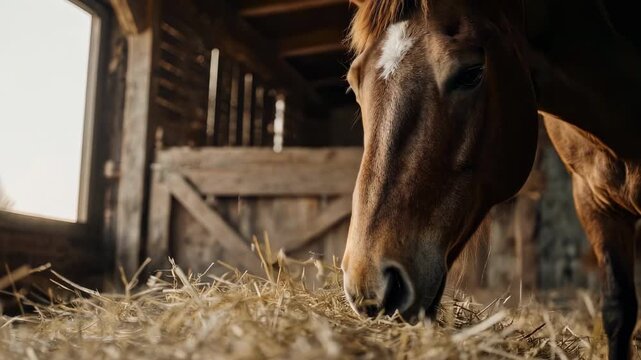 A horse eating hay inside a barn, bathed in warm sunlight, with a natural rustic atmosphere. The image showcases the gentle interaction between animal and the rustic environment 