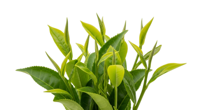 Closeup of vibrant green tea leaves isolated on transparent background, capturing the essence of freshness and natural goodness
