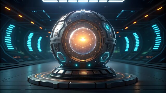 Futuristic glowing egg shaped object in a dark sci fi laboratory with blue lights
