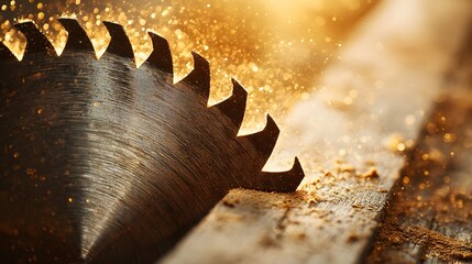 Circular saw blade teeth cut through wooden material creating airborne particles