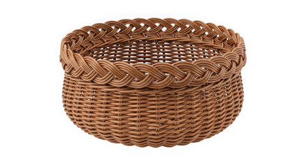 Handwoven wicker basket with decorative braided rim isolated on transparent background