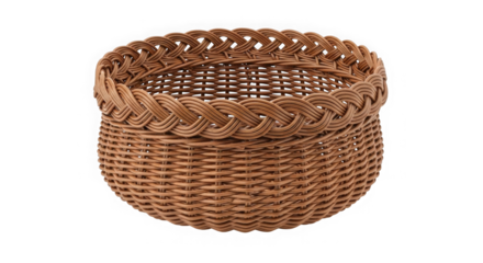 Handwoven wicker basket with decorative braided rim isolated on transparent background