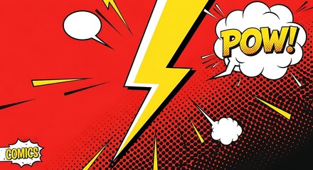 Dynamic comic book style battle scene with lightning bolt and sound effects