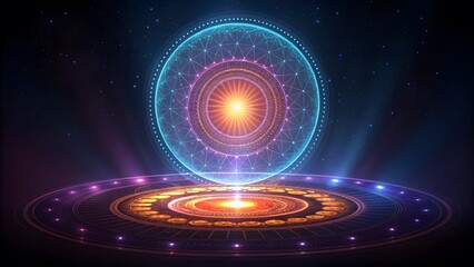 Futuristic glowing portal with intricate geometric patterns and vibrant energy