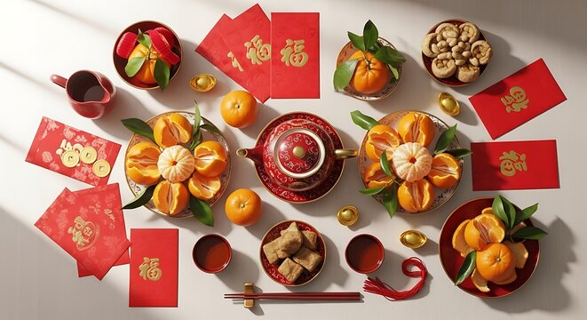 Festive lunar new year arrangement with mandarins, red envelopes and sweets