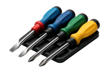 Color-coded impact screwdriver set for easy identification in a professional repair kit.