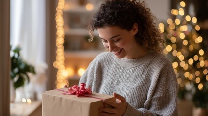 Fototapeta na wymiar Woman smiles while opening a gift during a festive holiday celebration at home