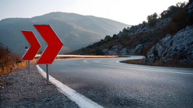 Two bright red chevron alignment markers guide traffic around a sharp curve on a mountain highway