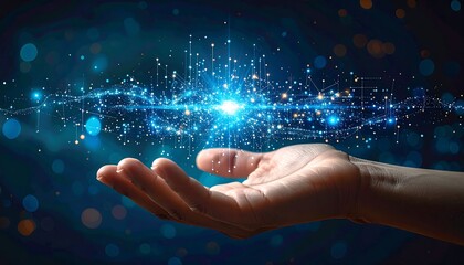 Digitized data emanating from an open human hand, radiating energy