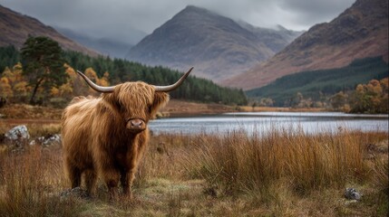 Highland cow standing in a scottish landscape with mountains