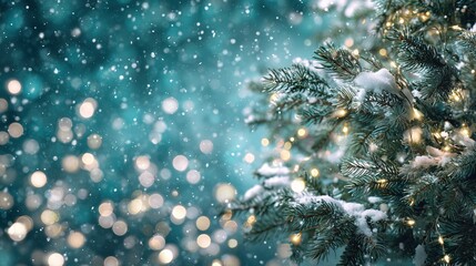 Snowy Christmas Tree with Twinkling Lights and Bokeh Background