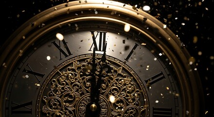 Elegant golden clock striking midnight surrounded by celebratory confetti ambiance