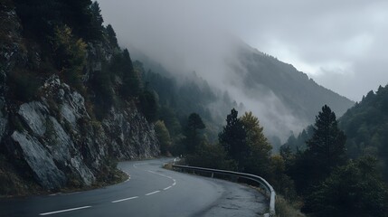 Winding asphalt road traverses a steep mountain pass shrouded in atmospheric fog