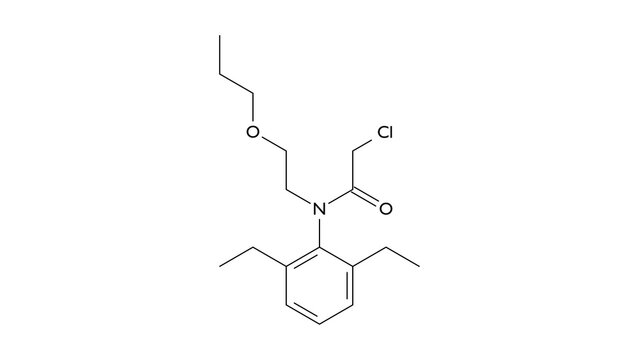 pretilachlor molecule, structural chemical formula, ball-and-stick model, isolated image herbicide