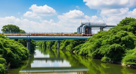 River flowing under a bridge with pipes, lush green trees, and a blue sky
