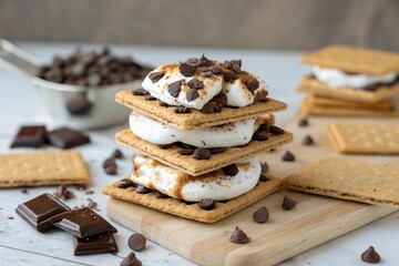 A delicious stack of s mores with chocolate and graham crackers