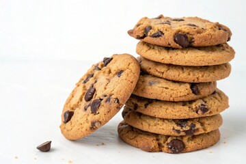 A delicious stack of homemade chocolate chip cookies on a white surface