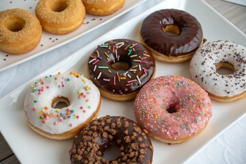 A delightful assortment of various glazed and sprinkled donuts on display