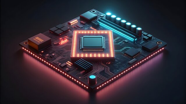 Illuminated computer motherboard with glowing cpu and neon lights