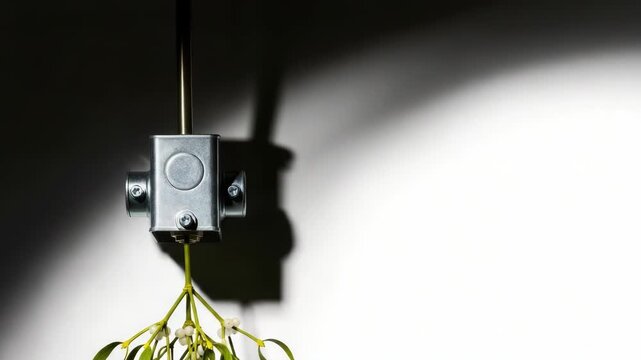 Mistletoe hung from electrical box on ceiling presents Christmas traditions with industrial touch. Christmas decoration featuring mistletoe adds festive feeling to raw and unexpected space.