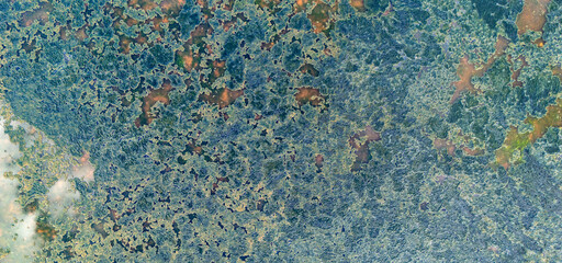 High resolution aerial texture of a wetland area featuring a dense carpet of aquatic plants and algae on the water surface representing the complex biology of a stagnant lake ecosystem