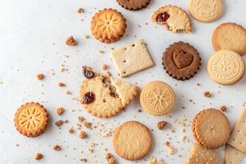 Assorted biscuits and cookies scattered on a white marble surface