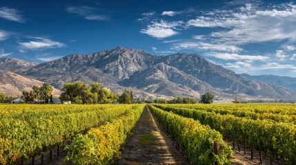 Vineyard rows stretch towards a majestic mountain under a blue sky