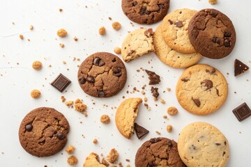 Delicious chocolate chip cookies scattered with crumbs on a white surface