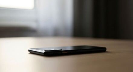 Sleek smartphone lies on a wooden surface near a window