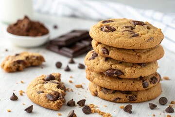 Delicious chocolate chip cookies with cocoa chocolate and crumbs on white surface