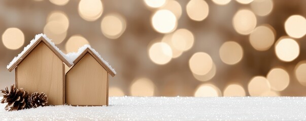 Two wooden houses sit on a snowy surface, surrounded by soft, warm bokeh lights, creating a cozy winter atmosphere.