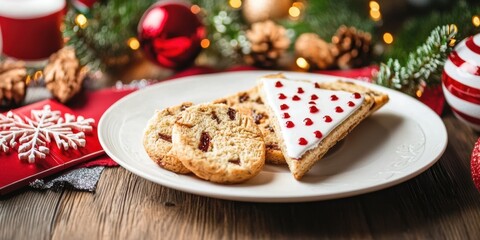 festive plate featuring decorated cookies and a triangle-shaped treat, surrounded by holiday decorations and warm lights.