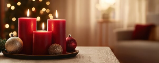 cozy holiday scene featuring three red candles surrounded by ornaments, with a softly lit background and a Christmas tree.