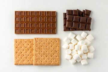 S mores ingredients laid out chocolate graham crackers and fluffy marshmallows