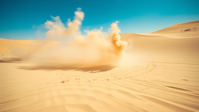 superego. Desert shooting range with spiral dust patterns in sandy tones and motion blur. event key visuals, club posters, designed for fitness apps and gym onboarding, used by sports marketers.