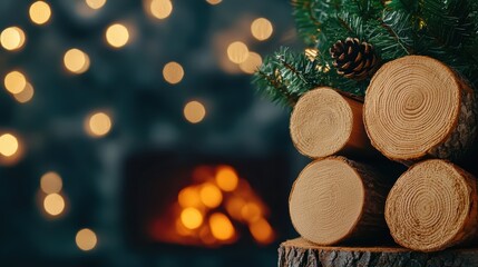  cozy arrangement of logs with pine branches and a softly blurred background of warm lights, creating a festive and inviting atmosphere.