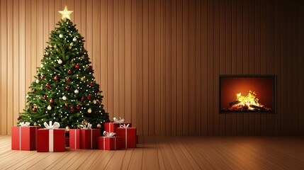 beautifully decorated Christmas tree with presents around it, set against a cozy wooden wall and a warm fireplace.