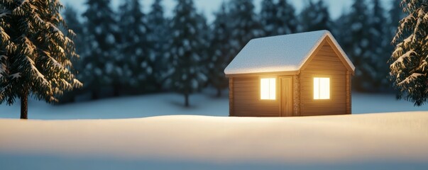 cozy cabin glows warmly amidst a snowy landscape, surrounded by tall pine trees, creating a serene winter scene.
